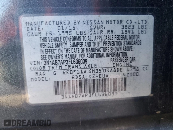 2015 Nissan Sentra SV with VIN 3N1AB7AP3FL636039, listed as a Copart auction lot 52860715 with 139,479 mi miles and Salvage Title. Bid and sale history available at carsss.com. Image 13.
