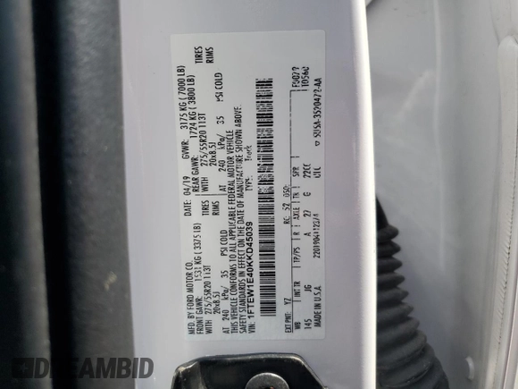 2019 Ford F-150 XL with VIN 1FTEW1E40KKD45039, listed as a Copart auction lot 62417335 with 105,479 mi miles and Clean title. Bid and sale history available at DreamBid. Image 12.