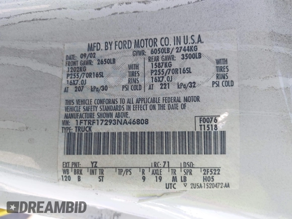 2003 Ford F-150 XL with VIN 1FTRF17293NA46808, listed as a IAAI auction lot 41156923 with 384,475 mi miles and . Bid and sale history available at DreamBid. Image 9.