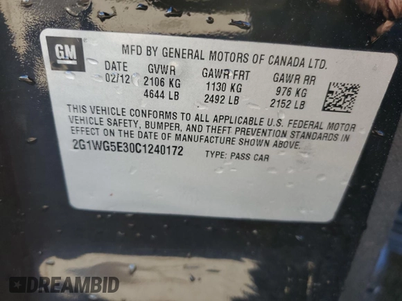2012 Chevrolet Impala LT Fleet with VIN 2G1WG5E30C1240172, listed as a Copart auction lot 41673295 with 282,503 mi miles and Non Repairable. Bid and sale history available at DreamBid. Image 13.