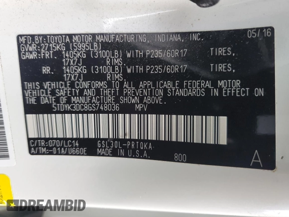2016 Toyota Sienna XLE with VIN 5TDYK3DC8GS748036, listed as a Copart auction lot 60047235 with 147,203 mi miles and Salvage title. Bid and sale history available at DreamBid. Image 13.