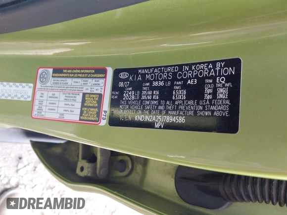 2018 Kia Soul with VIN KNDJN2A25J7894586, listed as a IAAI auction lot 42000460 with 48,509 mi miles and . Bid and sale history available at DreamBid. Image 9.