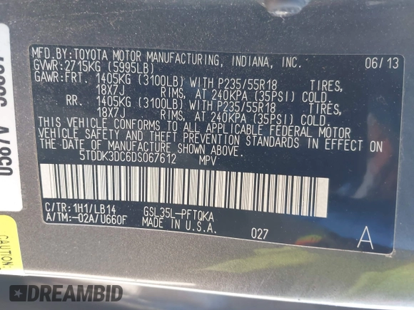 2013 Toyota Sienna XLE with VIN 5TDDK3DC6DS067612, listed as a IAAI auction lot 41756287 with 142,707 mi miles and . Bid and sale history available at DreamBid. Image 9.