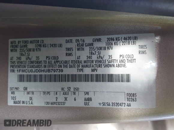 2017 Ford Escape Titanium with VIN 1FMCU0JD0HUB79739, listed as a IAAI auction lot 41807975 with 121,902 mi miles. Bid and sale history available at carsss.com. Image 9.