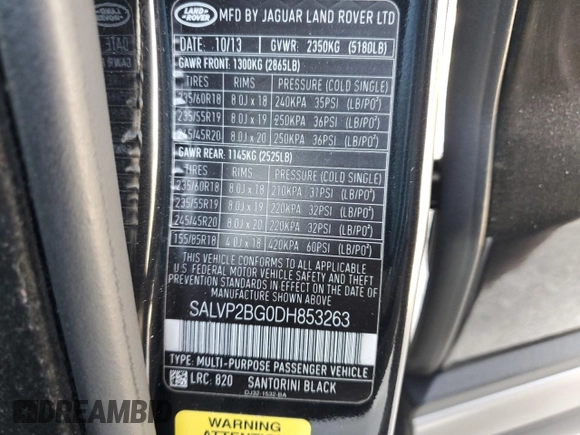2013 Land Rover Range Rover Evoque Pure Plus with VIN SALVP2BG0DH853263, listed as a Copart auction lot 63275215 with 117,159 mi miles and Salvage title. Bid and sale history available at DreamBid. Image 14.