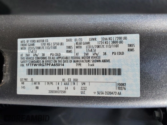 2023 Ford F-150 Raptor with VIN 1FTFW1RG7PFA65014, listed as a Copart auction lot 53156795 with 62,648 mi miles and Salvage Title. Bid and sale history available at DreamBid. Image 12.
