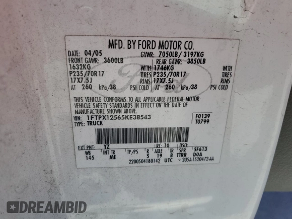 2005 Ford F-150 XLT with VIN 1FTPX12565KE38543, listed as a Copart auction lot 48206165 with 0 mi miles and Clean Title. Bid and sale history available at carsss.com. Image 12.