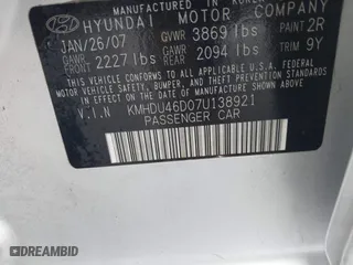 2007 Hyundai Elantra GLS with VIN KMHDU46D07U138921, listed as a IAAI auction lot 41903529 with 158,542 mi miles. Bid and sale history available at carsss.com. Image 9.