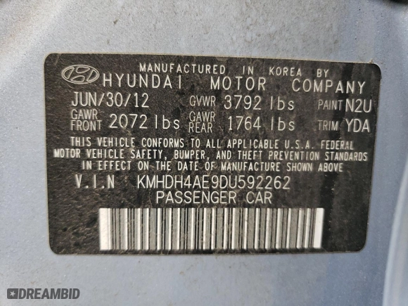 2013 Hyundai Elantra Limited with VIN KMHDH4AE9DU592262, listed as a Copart auction lot 51904215 with 115,947 mi miles and Salvage Title. Bid and sale history available at carsss.com. Image 12.
