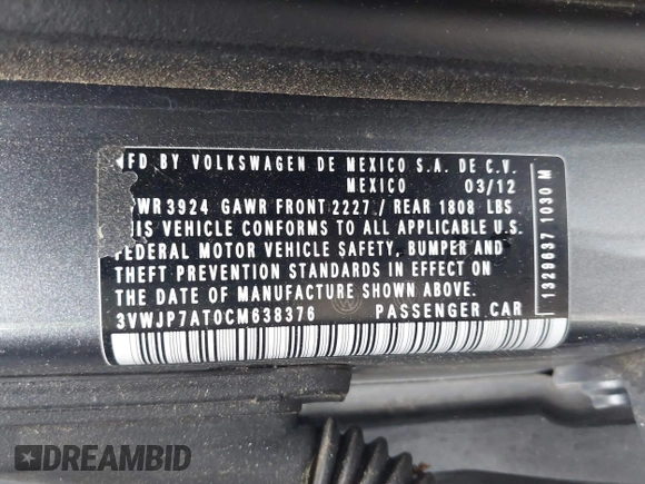 2012 Volkswagen Beetle 2.5L PZEV с VIN 3VWJP7AT0CM638376, выставлен на аукционе IAAI как лот 42390030 с пробегом 98 117 миль миль и . История ставок и продаж доступна на DreamBid. Изображение 9.