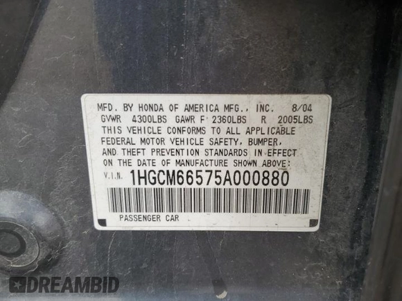 2005 Honda Accord EX-L z VIN 1HGCM66575A000880, wystawiony jako Copart lot #57584165 z przebiegiem 187 108 mil mil oraz Szkoda całkowita • Salvage title. Historia ofert i sprzedaży dostępna na DreamBid. Obrazek 12.