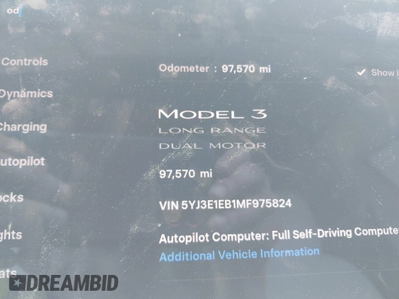 2021 Tesla Model 3 Long Range z VIN 5YJ3E1EB1MF975824, wystawiony jako IAAI lot #42146968 z przebiegiem 97 570 mil mil oraz . Historia ofert i sprzedaży dostępna na DreamBid. Obrazek 16.