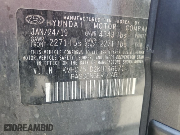 2019 Hyundai Ioniq Limited with VIN KMHC75LD2KU146671, listed as a Copart auction lot 61872035 with 78,158 mi miles and Salvage title. Bid and sale history available at DreamBid. Image 12.