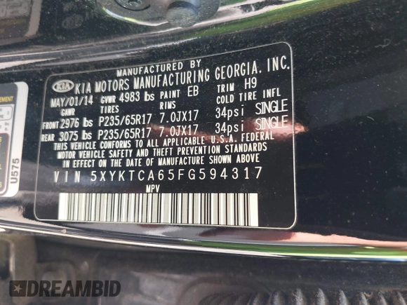 2015 Kia Sorento LX with VIN 5XYKTCA65FG594317, listed as a IAAI auction lot 42846084 with 113,297 mi miles and . Bid and sale history available at DreamBid. Image 9.