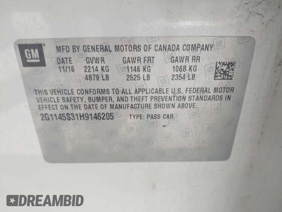 2017 Chevrolet Impala Premier with VIN 2G1145S31H9146205, listed as a IAAI auction lot 42651277 with Not provided miles and . Bid and sale history available at DreamBid. Image 9.