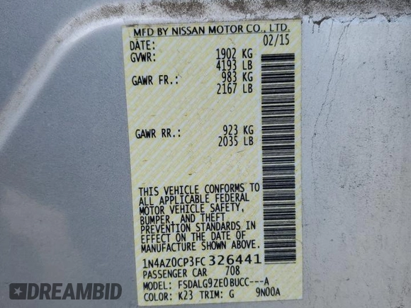 2015 Nissan LEAF SL with VIN 1N4AZ0CP3FC326441, listed as a Copart auction lot 50763835 with 120,373 mi miles and Salvage title. Bid and sale history available at DreamBid. Image 14.