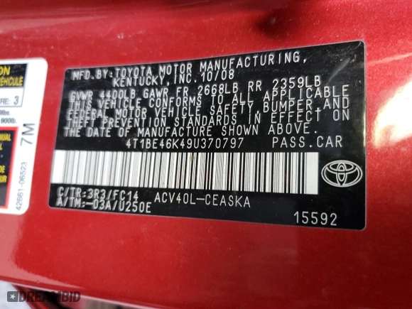 2009 Toyota Camry with VIN 4T1BE46K49U370797, listed as a Copart auction lot 82534364 with 277,776 mi miles and Salvage Title. Bid and sale history available at carsss.com. Image 12.