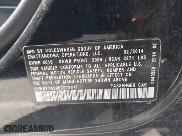 2014 Volkswagen Passat SE z VIN 1VWBT7A39EC073971, wystawiony jako IAAI lot #42266759 z przebiegiem 150 114 mil mil oraz . Historia ofert i sprzedaży dostępna na DreamBid. Obrazek 9.