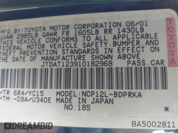 2001 Toyota ECHO with VIN JTDAT123910182968, listed as a IAAI auction lot 42074761 with 158,970 mi miles and . Bid and sale history available at DreamBid. Image 9.