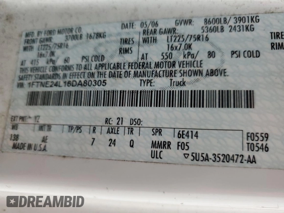 2006 Ford Econoline Cargo with VIN 1FTNE24L16DA80305, listed as a Copart auction lot 44340445 with 329,421 mi miles and Clean title. Bid and sale history available at DreamBid. Image 13.