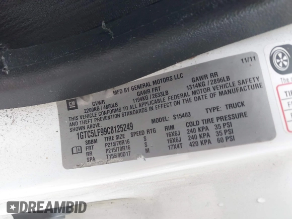 2012 GMC Canyon Work Truck with VIN 1GTC5LF99C8125249, listed as a IAAI auction lot 41661284 with 145,262 mi miles. Bid and sale history available at carsss.com. Image 9.