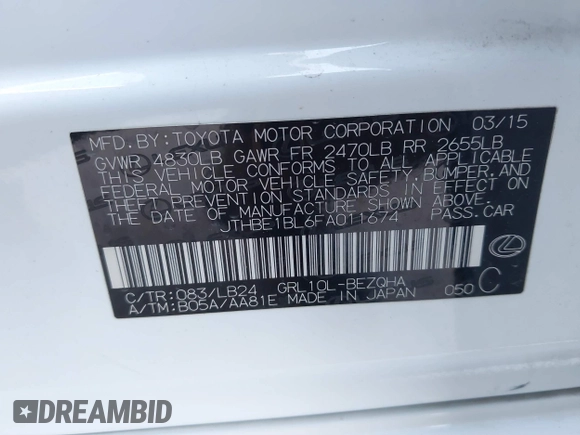2015 Lexus GS 350 with VIN JTHBE1BL6FA011674, listed as a IAAI auction lot 40991163 with 111,359 mi miles and . Bid and sale history available at DreamBid. Image 9.