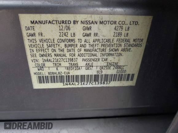 2007 Nissan Altima 2.5 S with VIN 1N4AL21E27C139837, listed as a IAAI auction lot 41856658 with 172,861 mi miles. Bid and sale history available at carsss.com. Image 9.