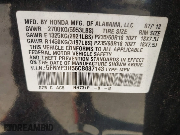 2012 Honda Pilot EX-L with VIN 5FNYF3H56CB037143, listed as a IAAI auction lot 41791166 with 191,262 mi miles. Bid and sale history available at carsss.com. Image 9.