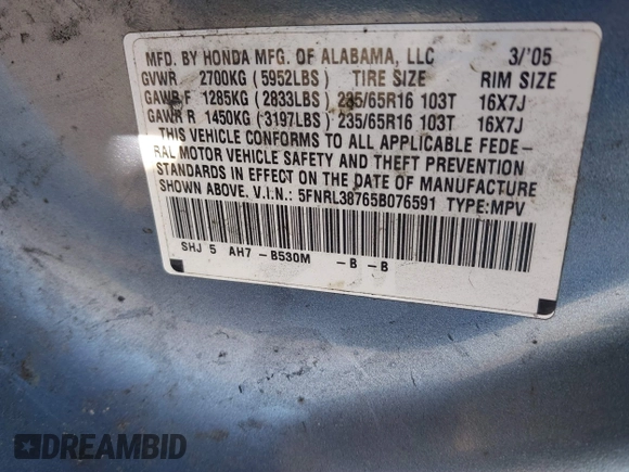 2005 Honda Odyssey EX-L with VIN 5FNRL38765B076591, listed as a IAAI auction lot 41624354 with 172,698 mi miles and . Bid and sale history available at DreamBid. Image 9.