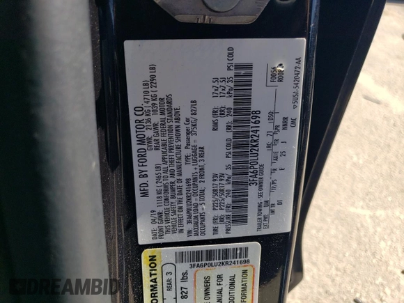 2019 Ford Fusion Hybrid SE with VIN 3FA6P0LU2KR241698, listed as a Copart auction lot 73066344 with 118,879 mi miles and Salvage Title. Bid and sale history available at carsss.com. Image 12.