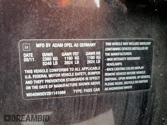 2011 Buick Regal CXL Turbo TO2 with VIN W04GW5EV2B1141688, listed as a Copart auction lot 38987004 with 30,101 mi miles and Salvage Title. Bid and sale history available at DreamBid. Image 12.