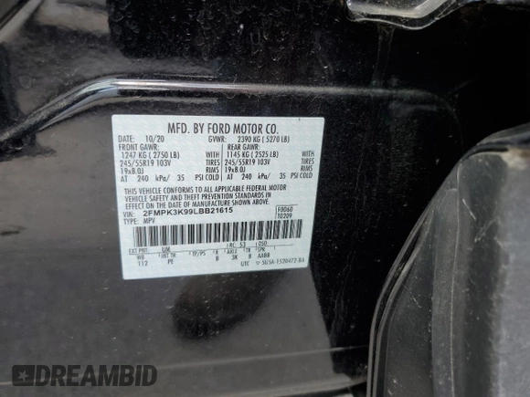 2020 Ford Edge Titanium with VIN 2FMPK3K99LBB21615, listed as a Copart auction lot 61408575 with 28,507 mi miles and Salvage title. Bid and sale history available at DreamBid. Image 12.