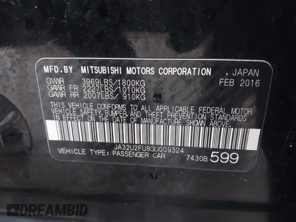 2016 Mitsubishi Lancer ES with VIN JA32U2FU8GU009324, listed as a IAAI auction lot 41722497 with 93,399 mi miles and . Bid and sale history available at DreamBid. Image 9.