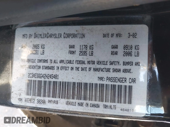 2002 Chrysler 300M M z VIN 2C3AE66G42H245481, wystawiony jako IAAI lot #40845209 z przebiegiem 172 507 mil mil oraz . Historia ofert i sprzedaży dostępna na DreamBid. Obrazek 9.
