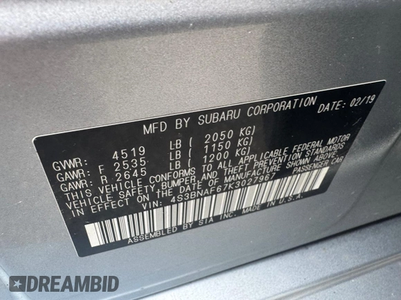 2019 Subaru Legacy Premium z VIN 4S3BNAF67K3027967, wystawiony jako Copart lot #60914165 z przebiegiem 155 504 mil mil oraz Czysty tytuł • Clean title. Historia ofert i sprzedaży dostępna na DreamBid. Obrazek 10.