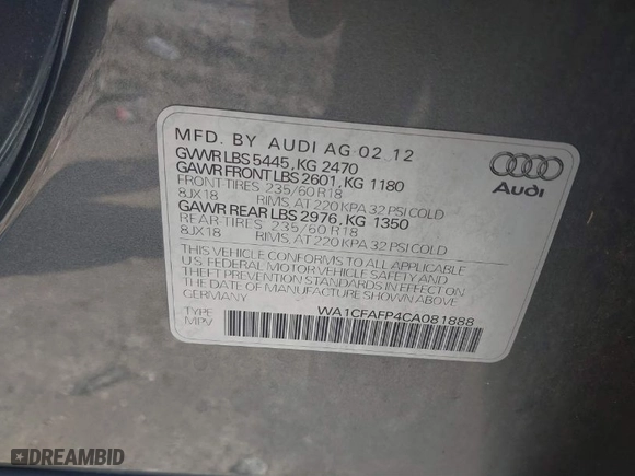 2012 Audi Q5 2.0T Premium Plus with VIN WA1LFAFP4CA081888, listed as a IAAI auction lot 41521212 with 91,295 mi miles. Bid and sale history available at carsss.com. Image 9.