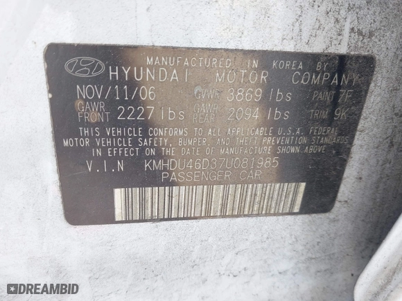2007 Hyundai Elantra GLS with VIN KMHDU46D37U081985, listed as a IAAI auction lot 41931928 with 147,066 mi miles. Bid and sale history available at carsss.com. Image 9.