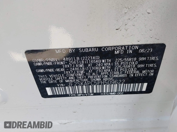 2023 Subaru Forester Limited with VIN JF2SKAPC5PH509622, listed as a IAAI auction lot 42246245 with 16,089 mi miles and . Bid and sale history available at DreamBid. Image 9.