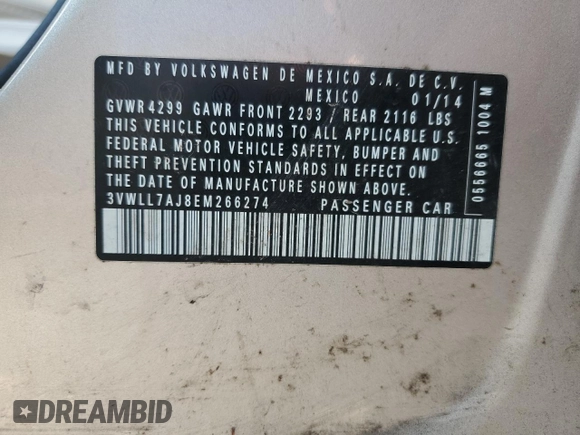 2014 Volkswagen Jetta TDI with VIN 3VWLL7AJ8EM266274, listed as a Copart auction lot 50441735 with 155,703 mi miles and Salvage title. Bid and sale history available at DreamBid. Image 14.