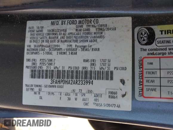 2010 Ford Fusion SE with VIN 3FAHP0HA2AR233994, listed as a IAAI auction lot 42204335 with 194,068 mi miles and . Bid and sale history available at DreamBid. Image 9.