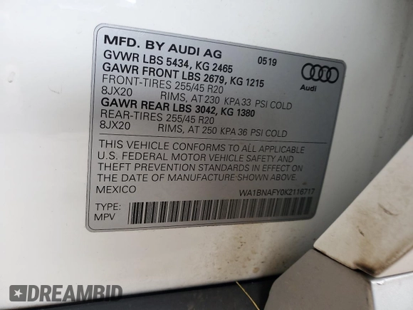 2019 Audi Q5 Premium Plus with VIN WA1BNAFY0K2116717, listed as a Copart auction lot 62729005 with 70,186 mi miles and Clean title. Bid and sale history available at DreamBid. Image 12.
