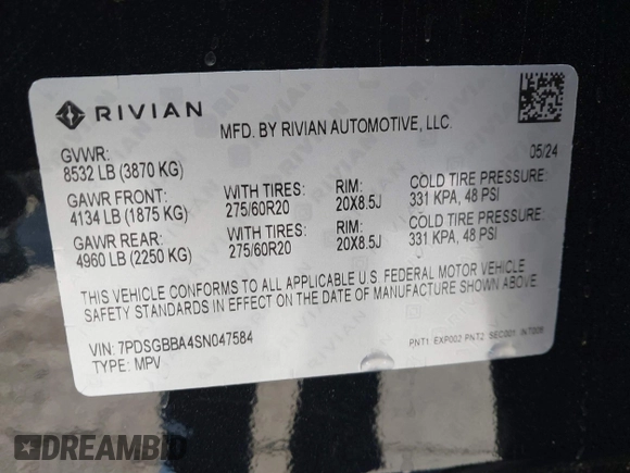 2025 Rivian R1S Adventure z VIN 7PDSGBBA4SN047584, wystawiony jako IAAI lot #41372645 z przebiegiem 501 mil mil oraz . Historia ofert i sprzedaży dostępna na DreamBid. Obrazek 9.
