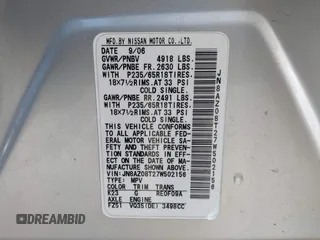 2007 Nissan Murano SL z VIN JN8AZ08T27W502156, wystawiony jako IAAI lot #42346261 z przebiegiem 140 730 mil mil oraz . Historia ofert i sprzedaży dostępna na DreamBid. Obrazek 9.