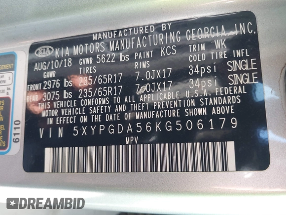 2019 Kia Sorento LX V6 with VIN 5XYPGDA56KG506179, listed as a IAAI auction lot 41409303 with 116,488 mi miles. Bid and sale history available at carsss.com. Image 9.