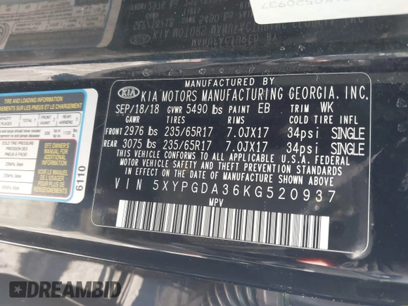 2019 Kia Sorento LX z VIN 5XYPGDA36KG520937, wystawiony jako IAAI lot #41420266 z przebiegiem 97 372 mil mil oraz . Historia ofert i sprzedaży dostępna na DreamBid. Obrazek 9.