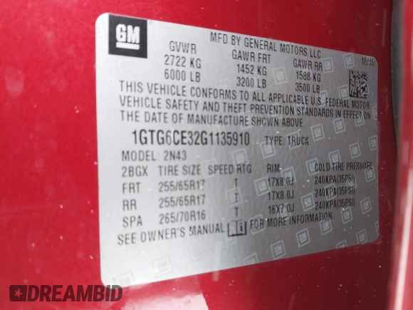 2016 GMC Canyon 4WD SLE with VIN 1GTG6CE32G1135910, listed as a IAAI auction lot 41322744 with 132,586 mi miles. Bid and sale history available at carsss.com. Image 9.