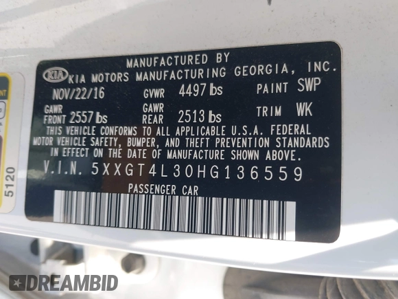 2017 Kia Optima LX with VIN 5XXGT4L30HG136559, listed as a IAAI auction lot 42357073 with 82,292 mi miles and . Bid and sale history available at DreamBid. Image 9.