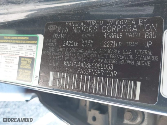 2014 Kia Optima Hybrid EX with VIN KNAGN4AD8E5066053, listed as a IAAI auction lot 41868329 with 148,876 mi miles. Bid and sale history available at carsss.com. Image 9.