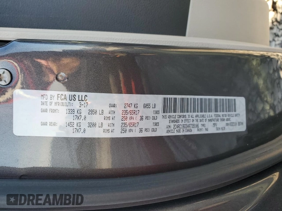 2017 Chrysler Pacifica Touring L with VIN 2C4RC1BG5HR739106, listed as a Copart auction lot 50068415 with 165,688 mi miles and Salvage Title. Bid and sale history available at DreamBid. Image 14.