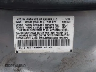 2009 Honda Odyssey EX-L with VIN 5FNRL387X9B043289, listed as a IAAI auction lot 41951208 with 197,184 mi miles and . Bid and sale history available at DreamBid. Image 9.